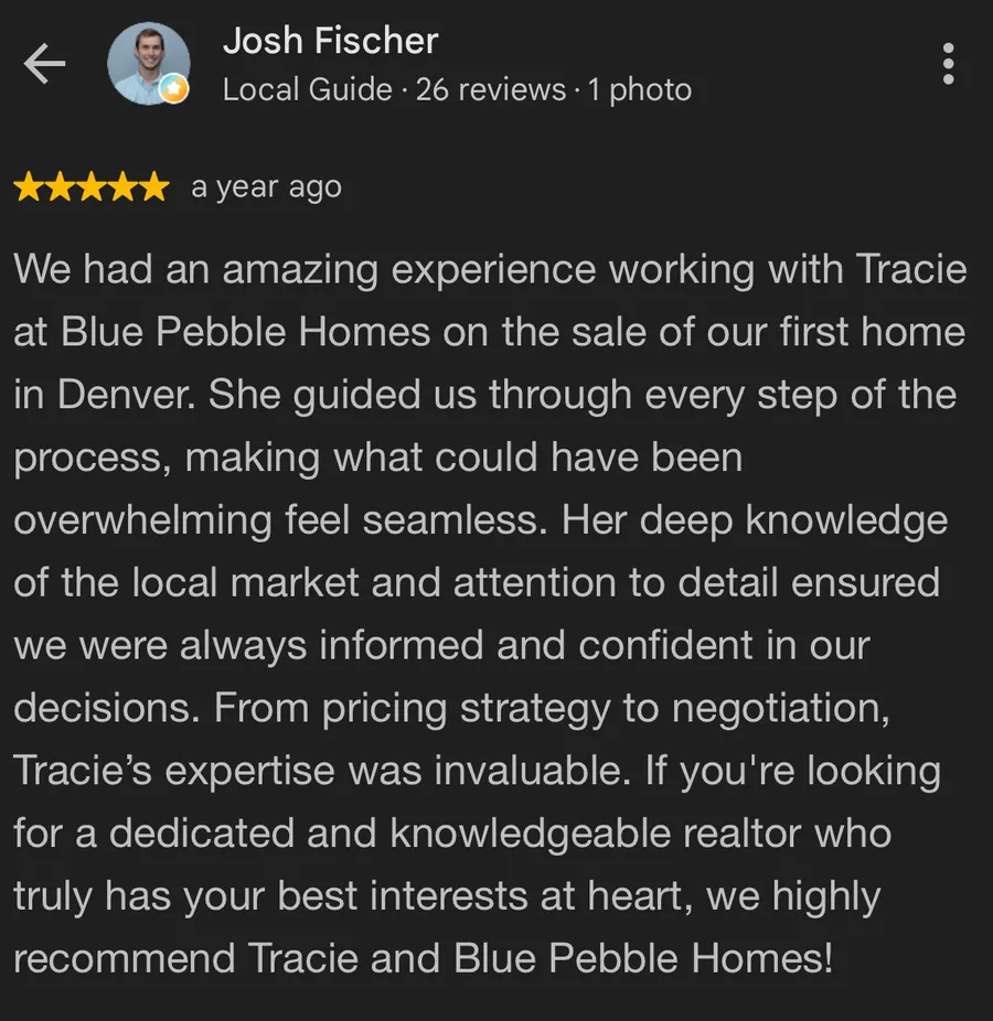 Five-star Google review from Josh Fischer about selling their first home with Tracie