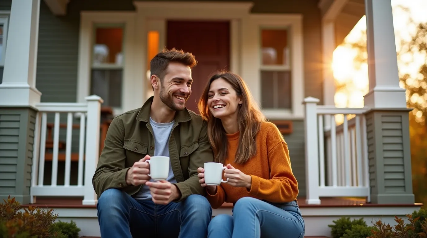 A couple sitting on the front steps of their home at sunset
