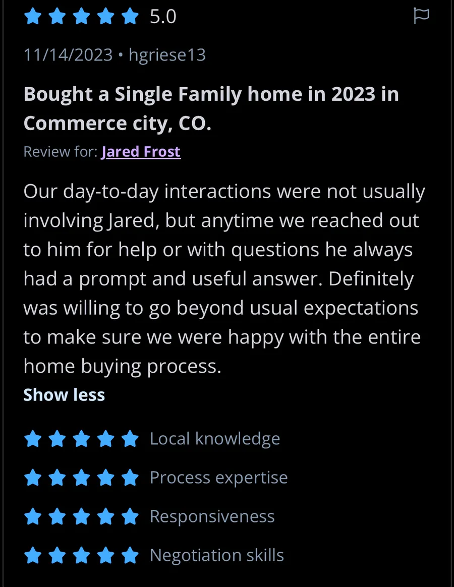 Five-star Zillow review from a buyer in Commerce City