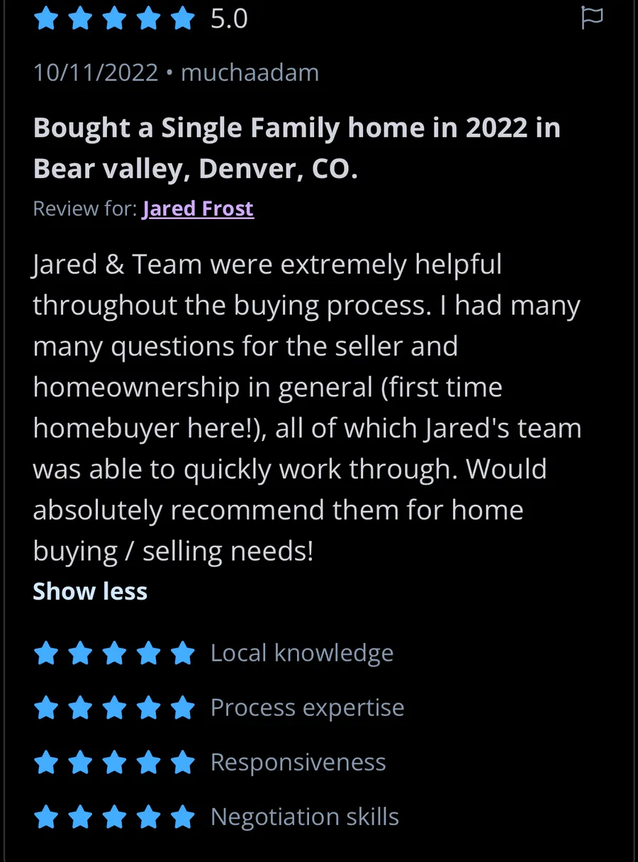 Five-star Zillow review from a first-time homebuyer in Bear Valley, Denver
